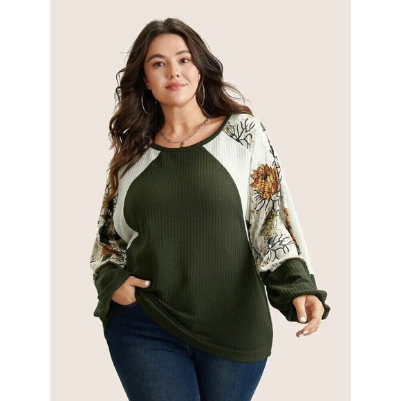Bloomchic Womens Blouse Top 22-24 Green Floral Raglan Colorblock Patchwork Knit - Picture 1 of 7
